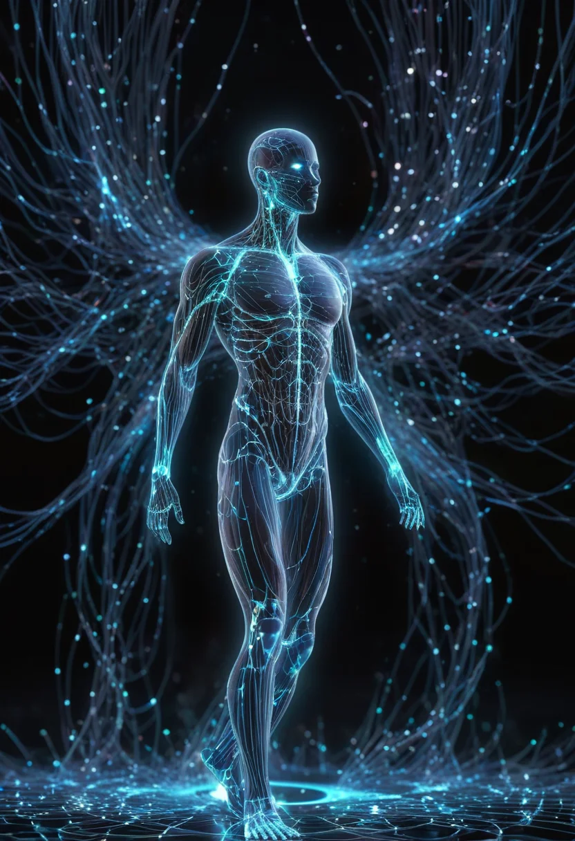 digital art, hologram, bigdata, high technology, sound wave background, digital world, neural network, Humanoid, reflaction, masterpiece, 32k UHD resolusion, high quality, professional photography,