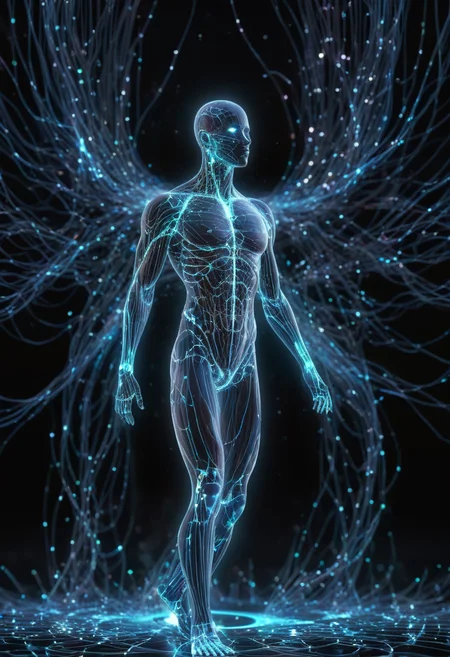 digital art, hologram, bigdata, high technology, sound wave background, digital world, neural network, Humanoid, reflaction, masterpiece, 32k UHD resolusion, high quality, professional photography,