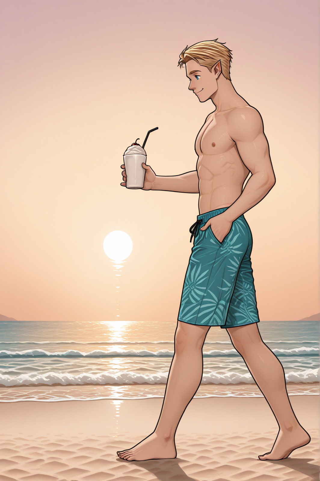 <lora:TyDecoy:1> 1boy, tydecoy, elf male, muscular, blonde hair, blue eyes, pointy ears,
smile, hawaïan swiming shorts, walking, (drinking milkshake:1.2), full body
beach, ocean, sunset, side view,, masterpiece,best quality,amazing quality,newest, absurdres, highres, detailed eyes, beautiful, perfect eyes, finely detailed face, very aesthetic,