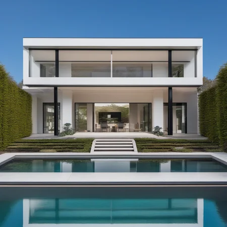 a photo of GDMEXTXL modern house exterior, <lora:gdmextxl-256-40-0032-000003:0.50 , photograph, photography, perfect, master quality, professional photoshoot, award winning photographer, calming symmetry, symmetrical