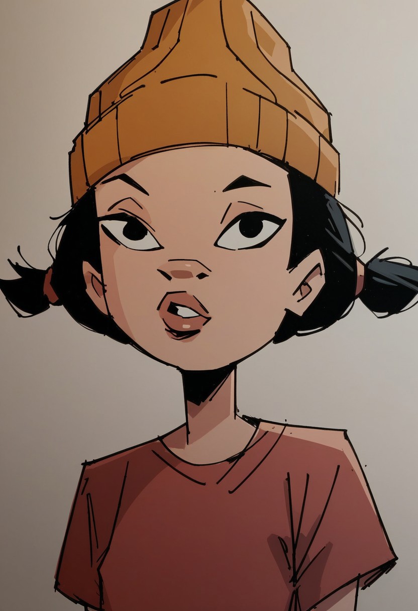 score_9, score_8_up, score_7_up, portrait, digital painting of spinelli, hat, black hair, 1girl, beanie, twintails, black eyes, red shirt, looking at viewer, small breasts, high contrast, shadows, charcoal sketch, full lips, perfect eyes, indoors, bedroom