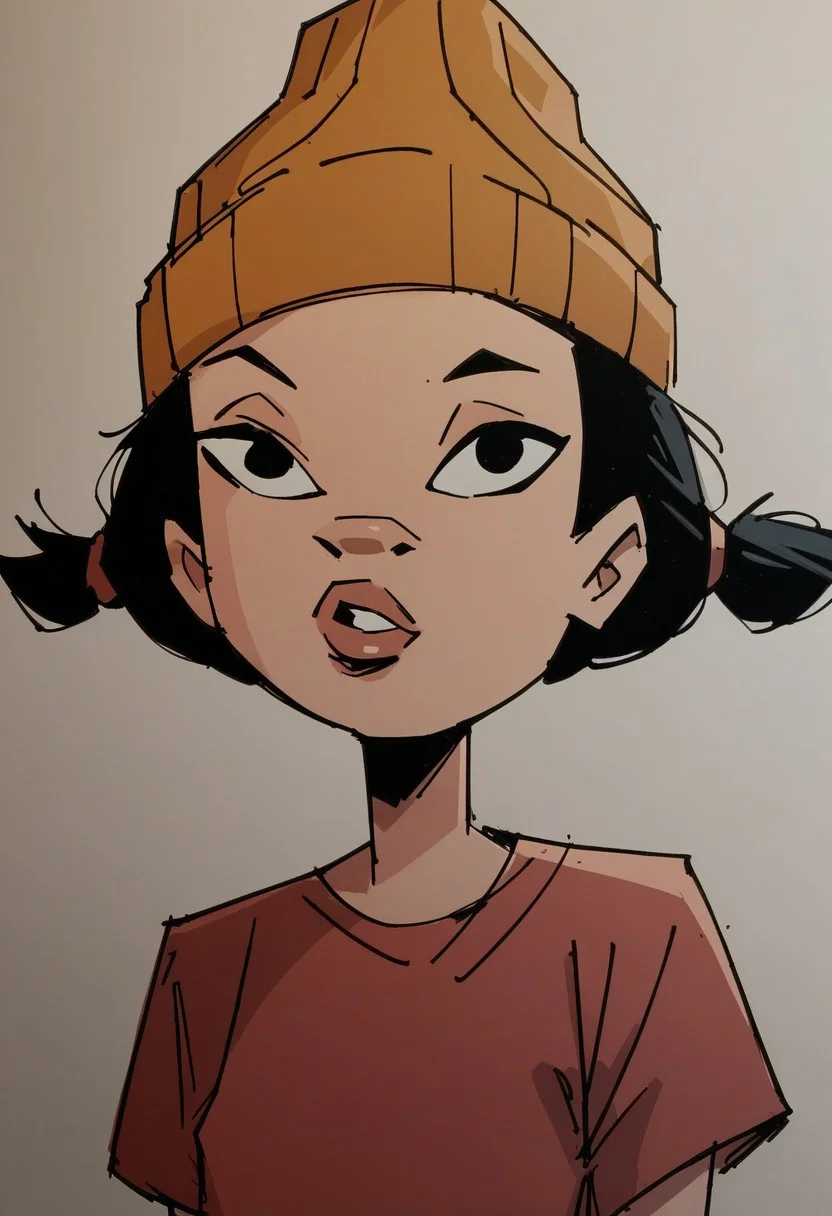 score_9, score_8_up, score_7_up, portrait, digital painting of spinelli, hat, black hair, 1girl, beanie, twintails, black eyes, red shirt, looking at viewer, small breasts, high contrast, shadows, charcoal sketch, full lips, perfect eyes, indoors, bedroom