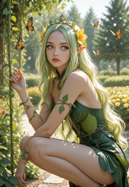 impressionism (1.5), perfect eyes, high detail, depth of field, (blurred background), (dramatic lighting),masterpiece, best quality,((asd123)),very aesthetic,8k, (( neon green-yellow)),
1girl, solo, elf, pointy ears, light green hair, very long hair, wavy hair, flower tiara, floral hair ornament, colorful flowers, thick eyebrows, green eyebrows, dark green eyes, detailed eyes, brown eyeshadow, eyeshadow under eye, red lips, parted lips,
leaf dress, vine straps, bare thighs, vines around arm, intricate pattern, intricate details, crouching, vines, too many butterflies, flowers, garden, trees, bokeh, blurry background, depth of field,
natural lighting, outdoors lighting, sunny,
side view, facing to the side, looking to the side,
masterpiece,best quality,amazing quality,very aesthetic,absurdres,newest, anime coloring
<lora:MGE_V5.3:0.5> <lora:mon_monmon2133:0.5> <lora:ppw_v7_animv4_1_r2:0.3> <lora:noobai_ep11_stabilizer_v0.178_fp16:0.3> <lora:ma1ma1helmes_b:0.4> ma1ma1helmes_b_illu,sketch