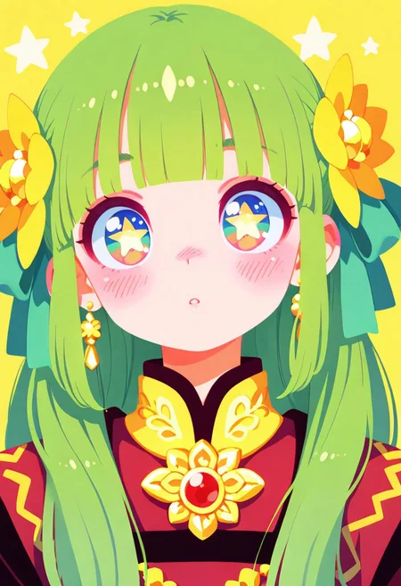 masterpiece,best quality,amazing quality, 1girl, solo, long hair, blue-green eyes, green hair, multicolored eyes, looking at viewer, 80s, retro, blush, parted lips, hair ornament, bow, jewelry, hair bow, earrings, blunt bangs, star \(symbol\), star-shaped pupils, symbol in eye, star in eye, close-up,portrait, eye focus, Colorful themes,High Saturation, haiz_ai, no lineart,no outline, <lora:ponyv6_noobE11_2_adamW-000017:0.3> <lora:MeMaXL4:0.8> <lora:veluflora-wai:0.35> <lora:haiz_ai_illu:0.7>
