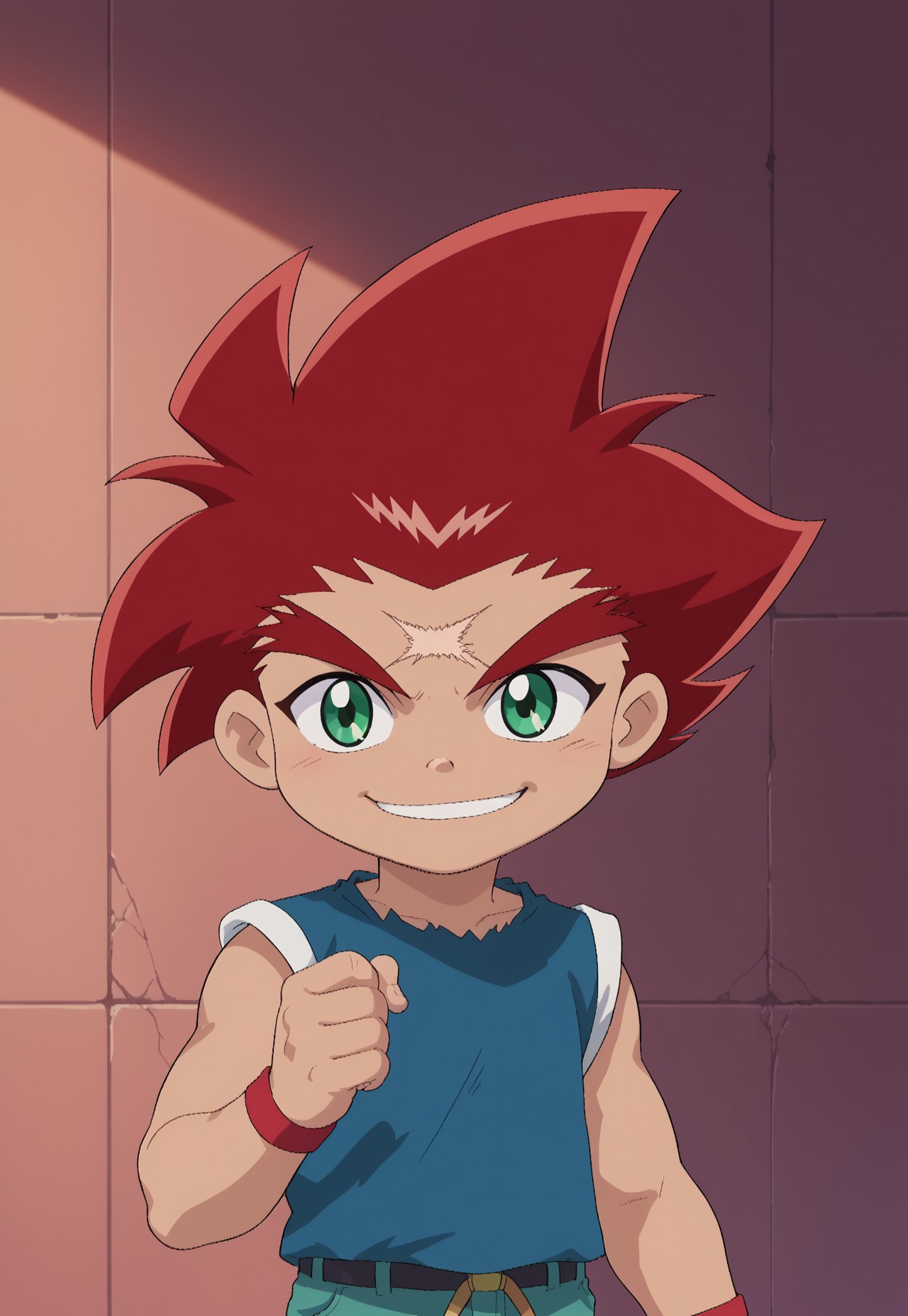 score_9, score_7_up, source_anime

DaichiSumeragi, 1boy, male child, male focus, solo, green eyes, red hair, spiked hair, scar, scar on forehead, shirt, blue shirt, smile

outdoor, 