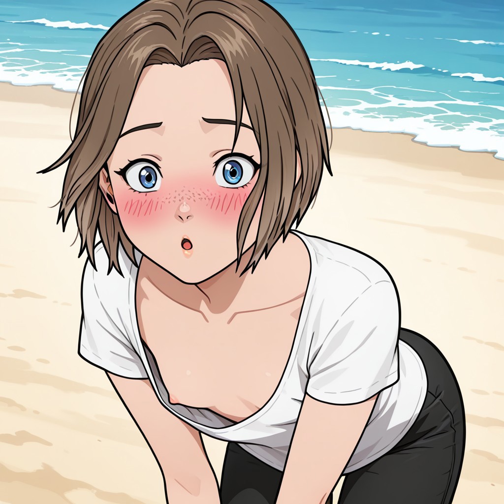 masterpiece,best quality,amazing quality,newest, absurdres, highres, (detailed eyes:1.2), beautiful, perfect eyes, finely detailed face,
anime coloring, anime screencap,
BREAK
1girl,RobynSpade,short hair,brown hair,freckles,blue eyes,
black pant, white blouse,
small breast, small areolas, small nipples, nipple slip,
BREAK
blush, surprised, leaning forward, looking at viewer,
BREAK
from above,
BREAK
beach, ocean,