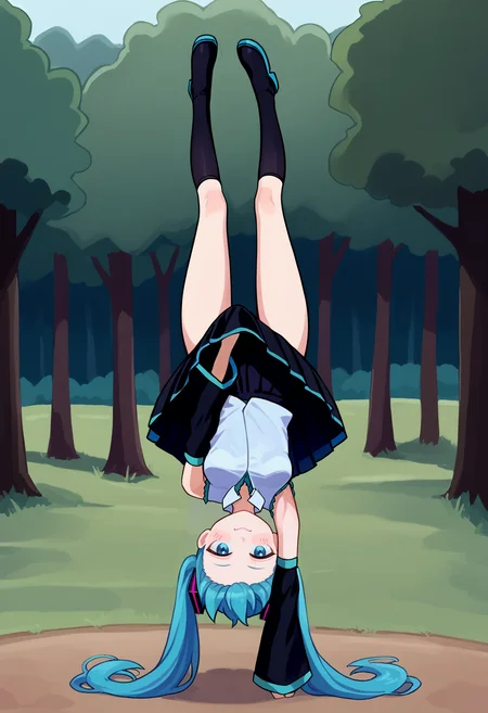 score_9, best quality, masterpiece, uncensored, source_anime
BREAK
1girl, upside-down, lycoris challenge \(meme\), one arm handstand, covering privates, covering crotch, hatsune miku, bare shoulders, black thighhighs, black skirt, black sleeves, blue eyes, blue hair, smug, collared shirt, detached sleeves, full body, long hair, long sleeves, pleated skirt, sleeveless shirt, solo, twintails, very long hair, white shirt, wide sleeves, medium breasts, outdoors, nature, tree, forest
<lora:lycoris_meme_pony_v1:1> <lora:fkey_pony_v1:1>