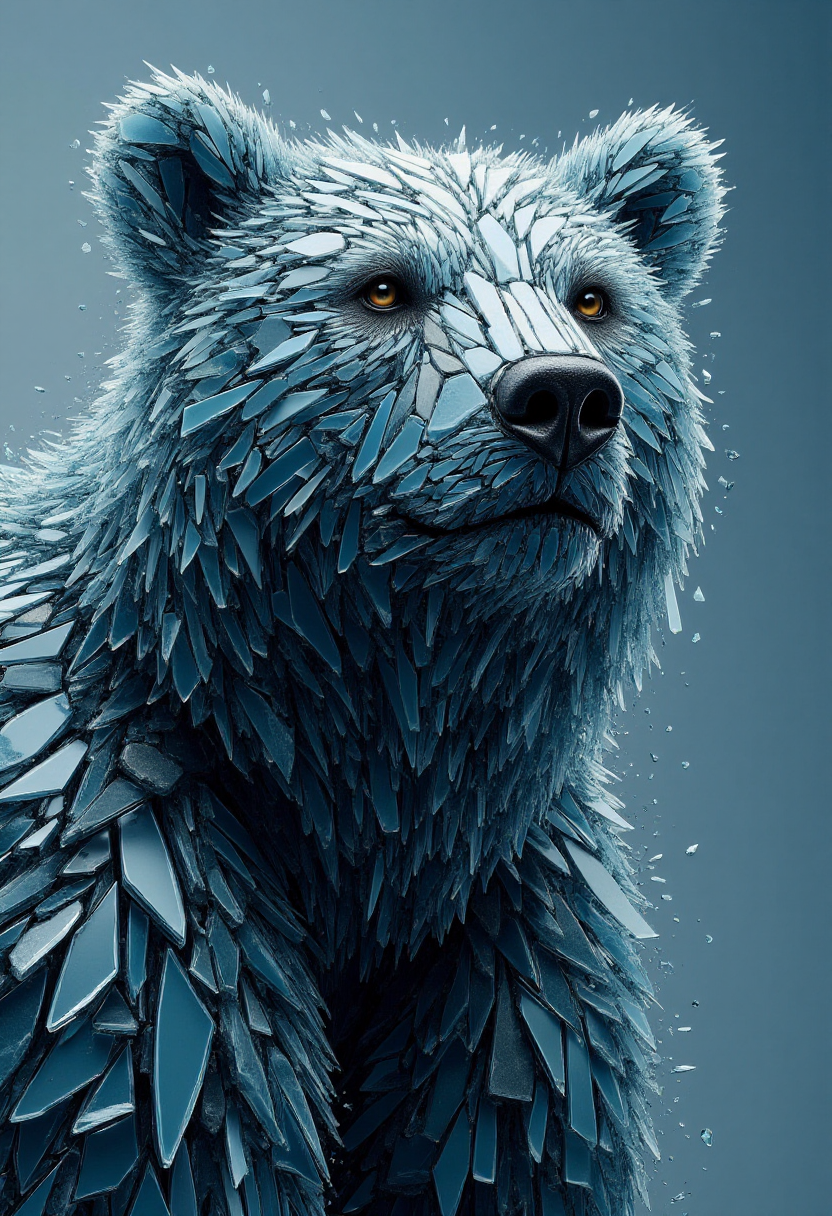 <lora:Glass_Fracture_Former_FLUX-000017:0.9>
This is a digital artwork featuring a stylized, surreal image of a bear made entirely of shattered glass.