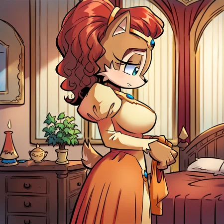 score_9, score_8_up, score_7_up, score_6_up, score_5_up, score_4_up, <lora:Alicia_Acorn_r1:1>, aliciaacorn, 1girl, solo, breasts, brown hair, long sleeves, dress, indoors, bedroom, animal ears, standing, tail, ponytail, puffy sleeves, from side, looking down, tiara, large breasts, juliet sleeves, furry, holding clothes, yellow dress, animal nose, orange dress, princess, body fur, brown fur, two tone fur, red hair, blue eyes, furry female