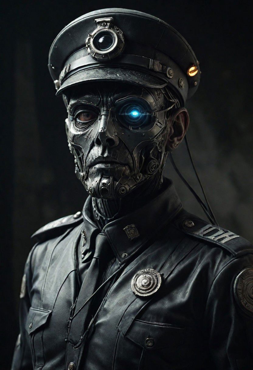 Craft a compelling caption for a close-up photograph featuring a grim-faced Thought Officer in a retro sci-fi police uniform, complete with a peaked cap. Against a dystopian backdrop, the officer's face is a mesmerizing fusion of human and cyborg traits, highlighted by one glowing eye. In hand, the officer wields an electric baton, adding an element of tension and authority to the futuristic scene.
very detailed, atmospheric haze, Film grain, cinematic film still, shallow depth of field, highly detailed, high budget, cinemascope, moody, epic, OverallDetail, gorgeous, 2000s vintage RAW photo, photorealistic, candid camera, color graded cinematic, eye catchlights, atmospheric lighting, skin pores, imperfections, natural, shallow dof