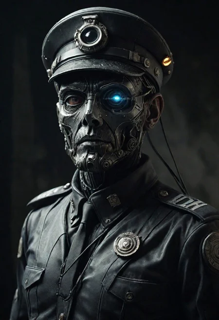 Craft a compelling caption for a close-up photograph featuring a grim-faced Thought Officer in a retro sci-fi police uniform, complete with a peaked cap. Against a dystopian backdrop, the officer's face is a mesmerizing fusion of human and cyborg traits, highlighted by one glowing eye. In hand, the officer wields an electric baton, adding an element of tension and authority to the futuristic scene.
very detailed, atmospheric haze, Film grain, cinematic film still, shallow depth of field, highly detailed, high budget, cinemascope, moody, epic, OverallDetail, gorgeous, 2000s vintage RAW photo, photorealistic, candid camera, color graded cinematic, eye catchlights, atmospheric lighting, skin pores, imperfections, natural, shallow dof