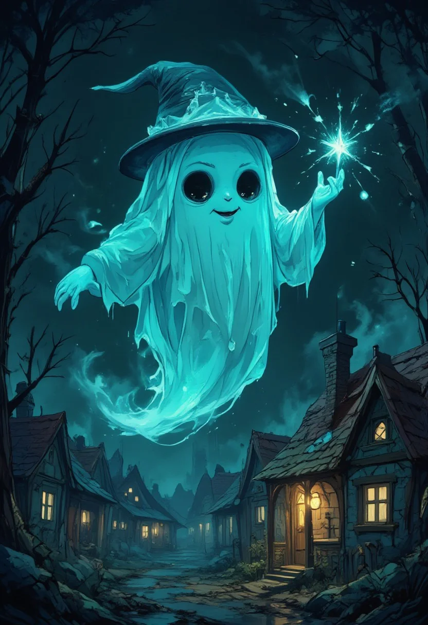 horror show, monster, nightmare, fear, illustration,
"Imagine a cute, friendly ghost with big round eyes and soft, smooth contours. It glows with a gentle blue light, and its translucent body sways slightly, like a feather in the wind. The ghost looks playful, its smile lights up the night, and it flies around small houses with red roofs and bright windows, not scaring anyone, but causing only affection. It wears a tiny hat and holds in its hands a magic star, radiating sparks of kindness and warmth."