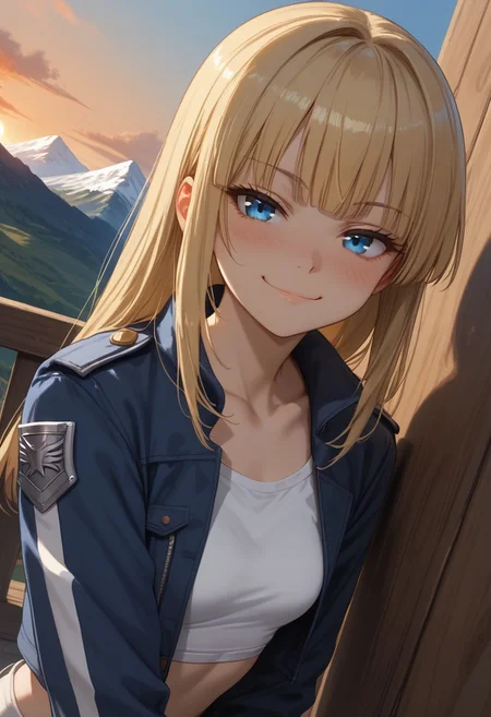 (score_9, score_8_up, score_7_up), 1girl, solo,( blonde hair), blue eyes, long hair, hime cut, long bangs, small breasts, collarbone, open jacket, white crop top, leather jacket, blue jacket, sunset, leaning on wall, wooden wall,
( face focus, close-up:1.1), metal railguard, mountains,
fisheye, (relaxed, dutch angle:1.2),
smug, blush