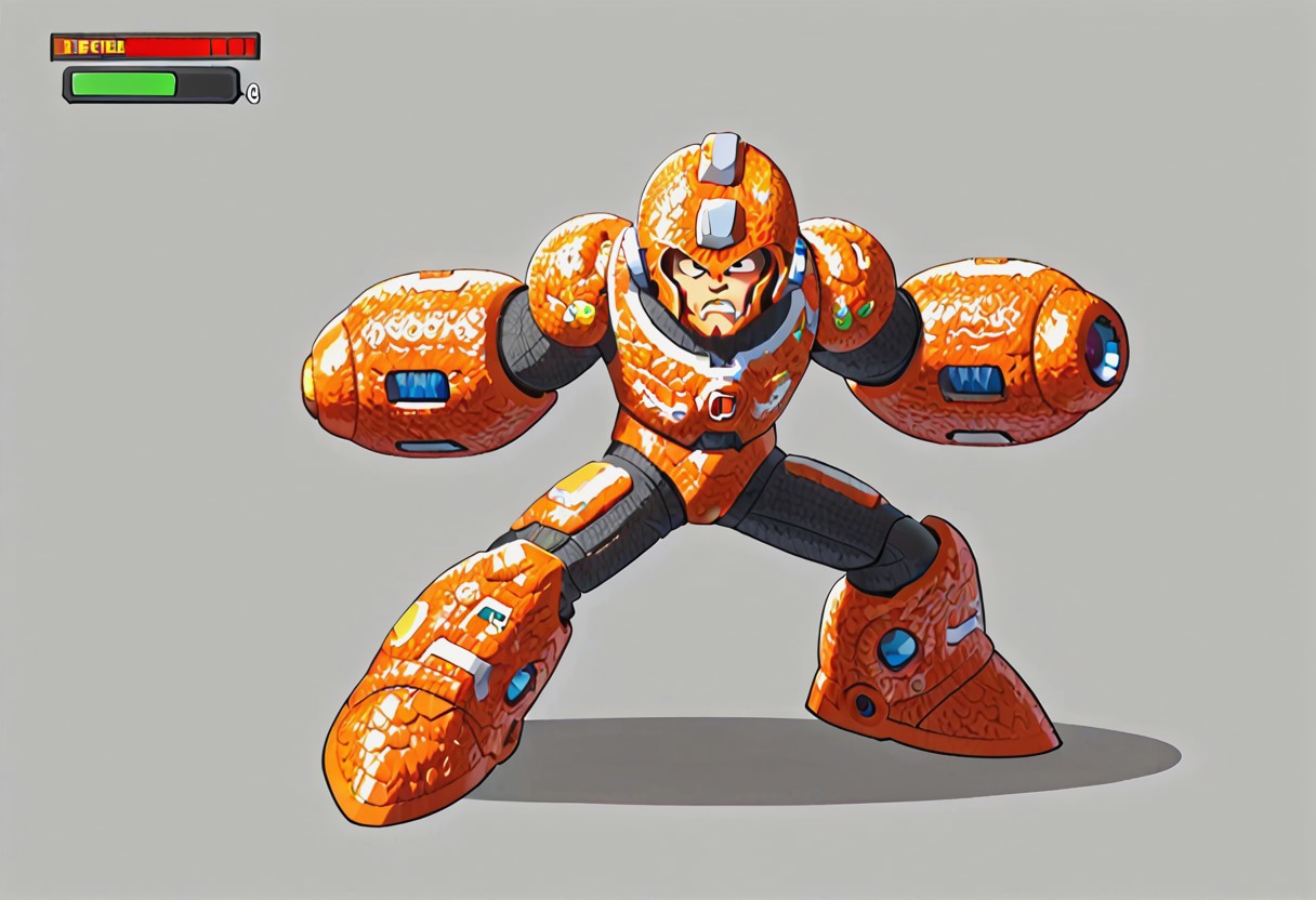 masterpiece, best quality, amazing quality, very aesthetic, high resolution, ultra-detailed, absurdres, 1boy, solo, male focus, humanoid, helmet, armor, arm cannon, orange peel, science fiction, health bar, from side, video game screencap, firing, beam attack, energy weapon,