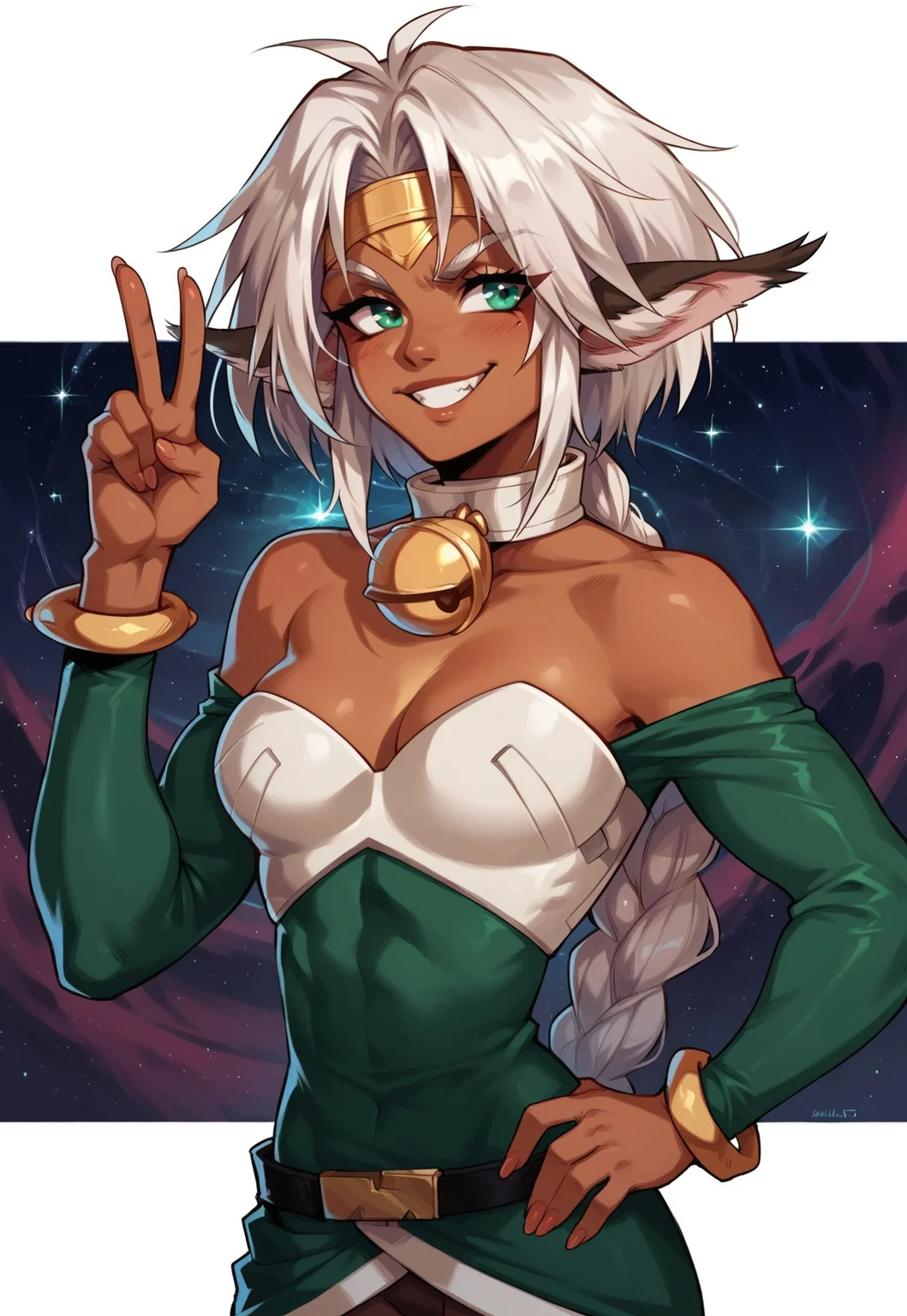 score_9, score_8_up, score_7_up, ultra quality, 1girl, Aishaxl, dark skin, animal ears, green eyes, messy hair, white hair, single braid, circlet, collar, neck bell, green clothes, bare shoulders, sleeves, pantyhose, bracelet, upper body, 5fingers, v sign, hand on hip, smug, space background
