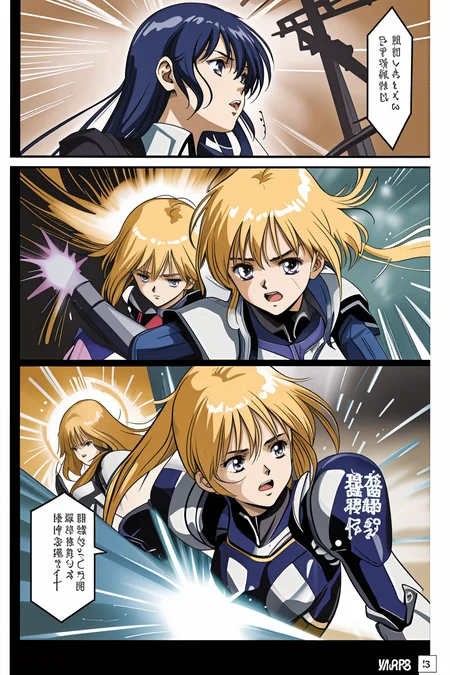 official art,sci-fi, 2girls fighting enemies, battle suit, dutch angle, light effect, battle action, determined face, shout <lora:LCM_LoRA_Weights_SD15:0> <lora:MangaGen1:1> <lora:mangaC:2> manga,frame,speech bubble,color