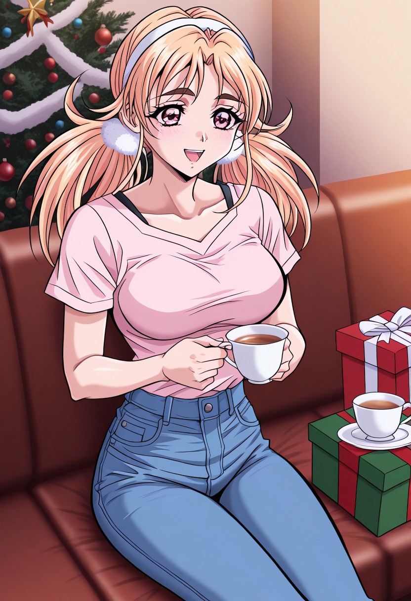 masterpiece, best quality, newest, highres, uncensored, 1girl, yokota mamoru style,1girl,
Yamazaki Kanna，Blonde Hair, Long Hair, Parted to Side, Shoulder-length Hair, Twin Tails, Tareme eyes,pink eyes, Slim1girl, solo, christmas tree, cup, gift, christmas, long hair, hairband, gift box, box, teacup, sitting, smile, open mouth，blue jeans