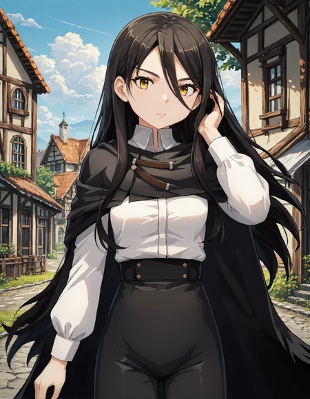 score_9, score_8_up, source_anime, 1girl, upper body, medium shot, detailed, pmmmrizhawkwood, rizcsl, black hair, long hair, yellow eyes, white shirt, black cloak, black high-waist pants, hand in hair, outdoors, village, wind, (side view:0.6), <lora:pmmmrizhawkwood_XL:1>