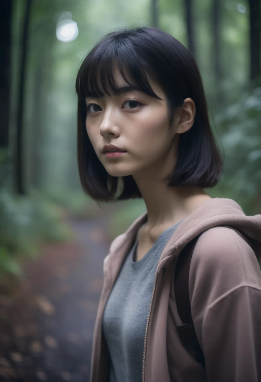 jpn-girl,
(masterpiece,best quality, ultra realistic,32k,RAW photo,detail skin, 8k uhd, dslr,high quality, film grain:1.5),
 19  yo, 1girl, woman wearing casual clothes, blurry background, 
short hair , 
walking  at 
 Mysterious forest with fog  ,
 <lora:jpn-girl_v1:0.65>