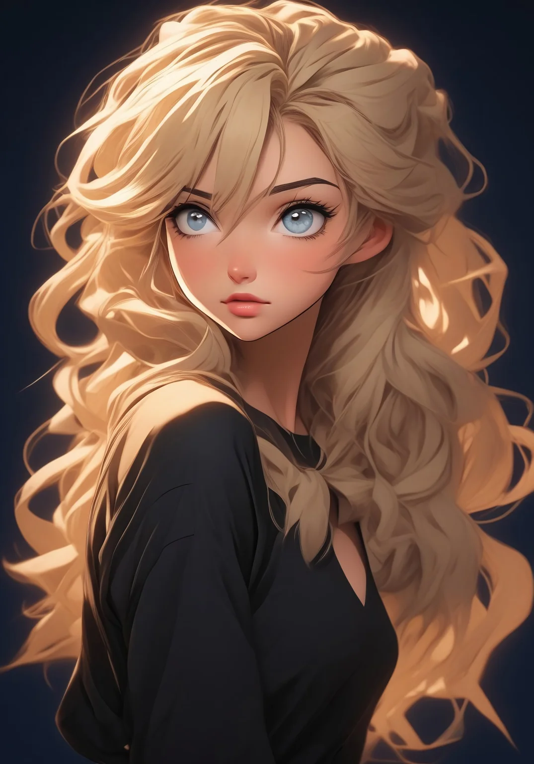 score_9, score_8_up, score_7_up, score_6_up, source_anime, 1girl, solo, sexy, 23 years old , curvy, cute face, big blue eyes, hair over 1 eye, blonde hair, smrik, s1_dram, black wall