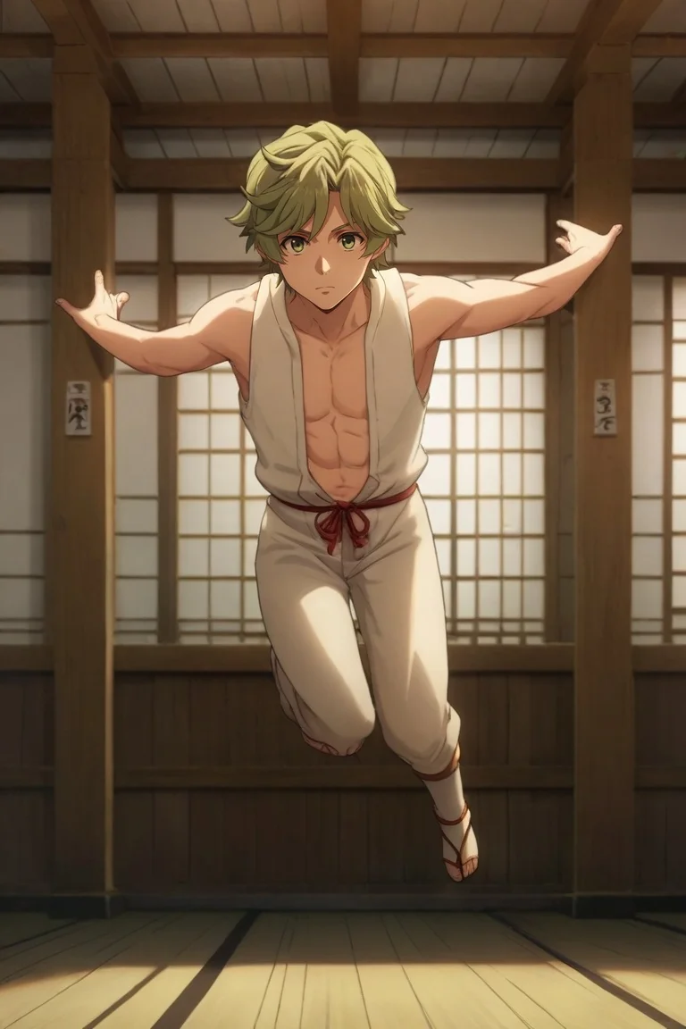 score_9, score_8_up, score_7_up, source_anime, rating_safe, , (realistic:0.6), , depth of field, 1boy, solo, male focus, <lora:itsuki_kawasumi_pony:0.9>, itsuki_kawasumi, green hair, green eyes, full body, dojo, dark, jumping, :\3, , <lora:sdxl_lightning_8step_lora:1>