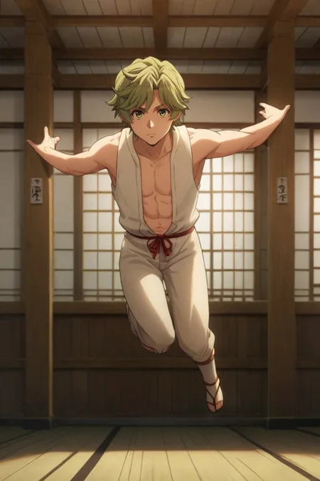 score_9, score_8_up, score_7_up, source_anime, rating_safe, , (realistic:0.6), , depth of field, 1boy, solo, male focus, <lora:itsuki_kawasumi_pony:0.9>, itsuki_kawasumi, green hair, green eyes, full body, dojo, dark, jumping, :\3, , <lora:sdxl_lightning_8step_lora:1>