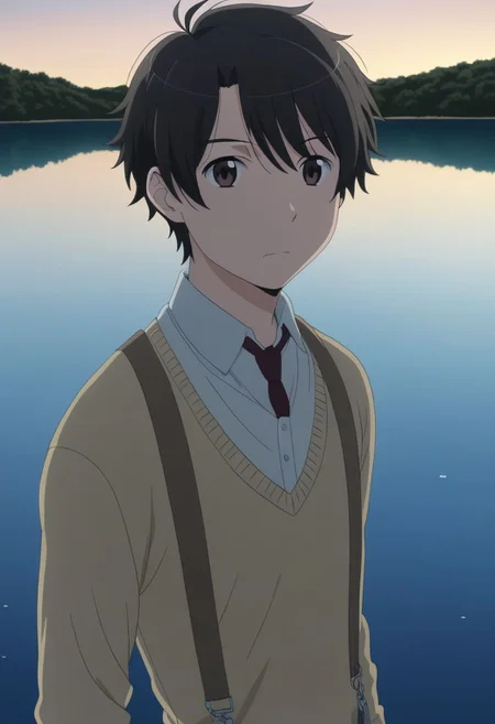 high resolution, solo, best quality, 1Boy, Inaho Kaizuka, Black Hair, Brown Eyes, swimming, natural lake, clear water, shirtless, shorts, sixpack, twilight, OverallDetail