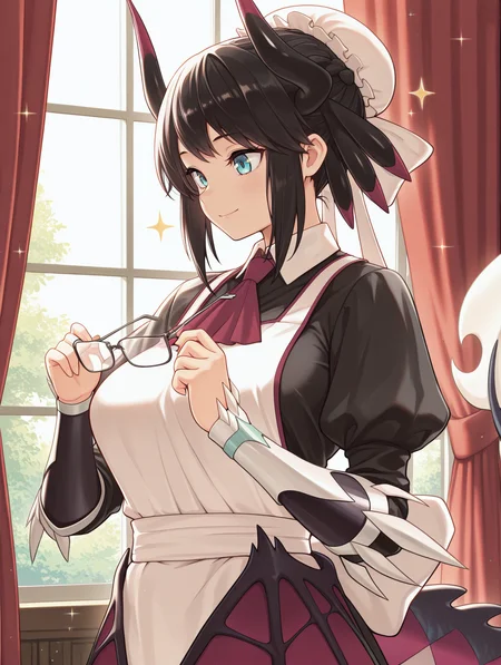 house dragonmaid, 1girl, solo, black maid dress, window, cleaning glasses, holding glasses, red ascot, red curtains, smile, indoors, sparkle, closed mouth, low dragon wings, silver vambraces, white mob cap,
masterpiece,best quality,amazing quality,very aesthetic,absurdres,newest,<lora:House dragonmaid illuXL v1:0.75>,