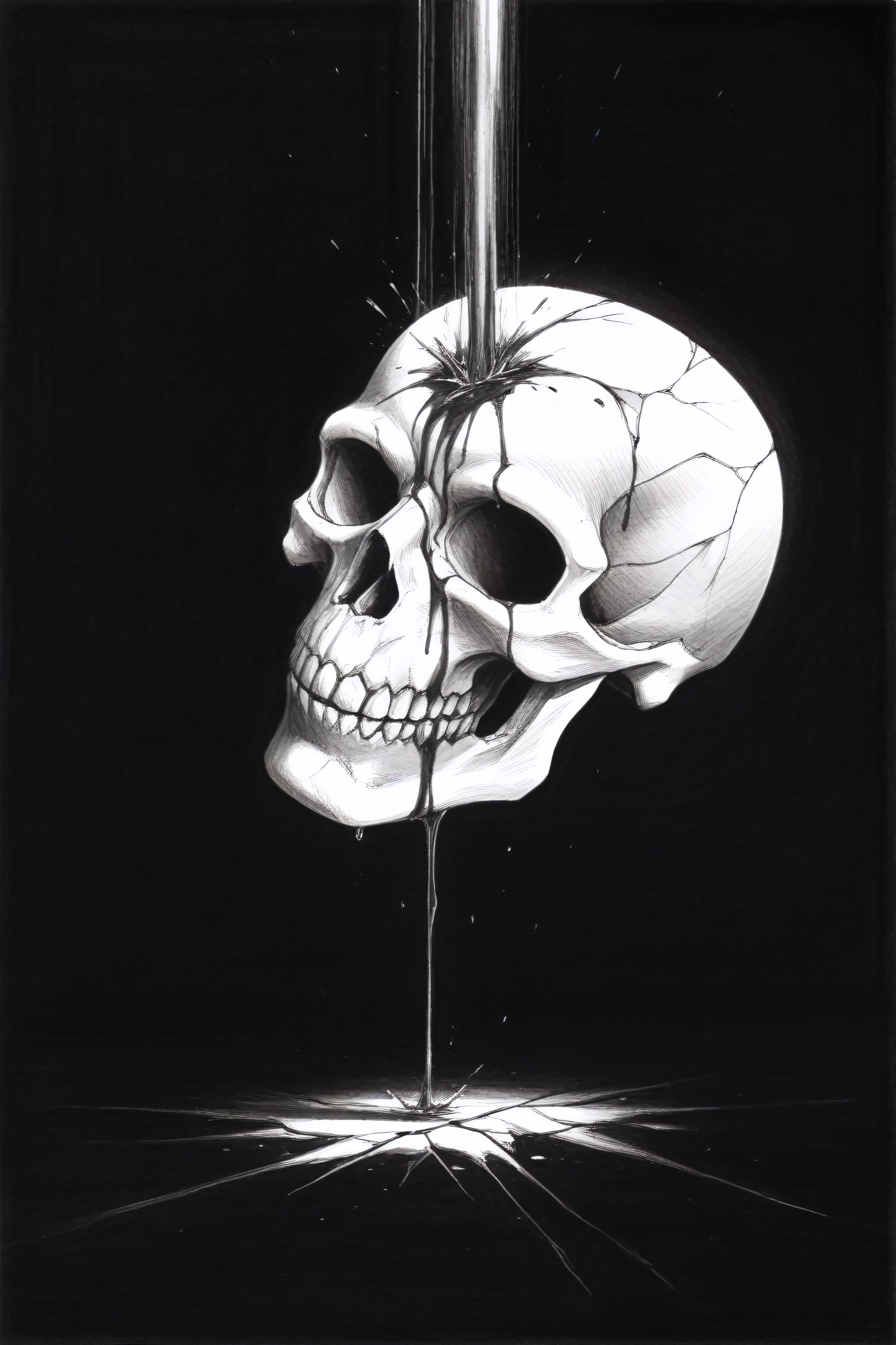 (masterpiece,best quality),<lora:tp1p1ptStyle-Illustrious-lora-Faxtron:0.7> tp_p_pt, monochrome, greyscale, traditional_media, black_background, blood, blood_on_object, crack, no_humans, pouring, realistic, shadow, skull,