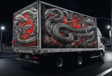 (masterpiece, best quality), highly detailed, ultra-detailed, (night), (city highway), (large truck), (truck bed side:1.3), (japanese tattoo style:1.4), (evil snake:1.5), (serpent scales), (detailed scales), (snake fangs), (glowing red eyes), (menacing), (dark color scheme), (headlights on), (streetlights:1.2), (motion blur:0.8), (high speed), (asphalt road), (reflections), (night atmosphere),Japanese truck