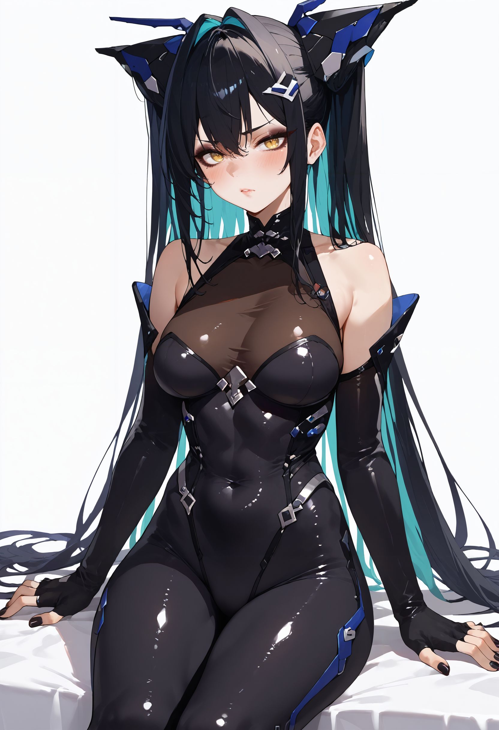 score_9,score_8_up,score_7_up, <lora:little_mermaid_nikke_pdxl_goofy:1> lilmernikke, 1girl, black hair, black nails, blush, bodysuit, breasts, covered navel, elbow gloves, eyeliner, fingerless gloves, gloves,headgear, hair ornament, makeup, nail polish, sitting, solo, thighs, white background, yellow eyes