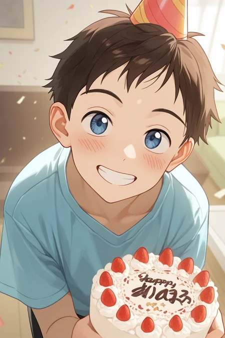 realistic shading, cute theme, holding a cake, male focus, leaning forward, looking at viewer, cute expressive face, naotafc, brown_naotafc_male hair, blue_naotafc_eyes, 1boy, party hat, happy, blush lines, shiny skin, wide smile, shirt, indoors living room, confetti, festive, dynami angle, intricately detailed illustration, depth of field, atmospheric perspective, masterpiece, best quality, amazing quality, very aesthetic, absurdres, newest, anime screencap