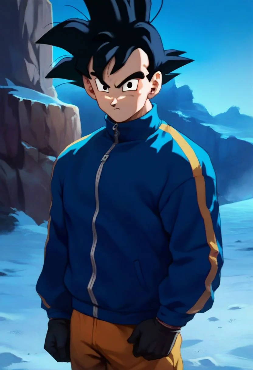 dbz_cc, score_9, score_8_up, score_7_up, score_6_up, solo, son goku, spiked hair, black hair, blue zip-up track jacket with turtleneck, black eyes, cowboy shot, winter, outside, standing, serious, zipper, looking at viewer, black gloves, orange pants