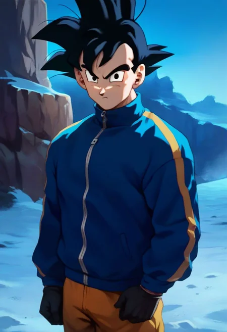 dbz_cc, score_9, score_8_up, score_7_up, score_6_up, solo, son goku, spiked hair, black hair, blue zip-up track jacket with turtleneck, black eyes, cowboy shot, winter, outside, standing, serious, zipper, looking at viewer, black gloves, orange pants