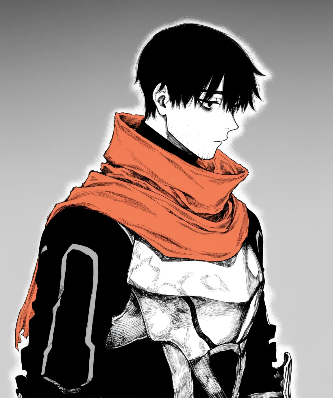 intricately detailed illustration, shiny skin, masterpiece, best quality, amazing quality, very aesthetic, newest, scenery, (volumetric lighting:1.1), (full color:1.2), clear line, solo, <lora:worm_v1:1>, 1boy, worm, black hair, black eyes, stubble, black clothes, long sleeves, red scarf, black armor, expressionless, upper body, simple background, <lora:LECO_BadHands:1.2>, <lora:LECO_GoodHands:-1.2>, <lora:cfg_scale_boost:0.7>, <lora:Fixhand:1>