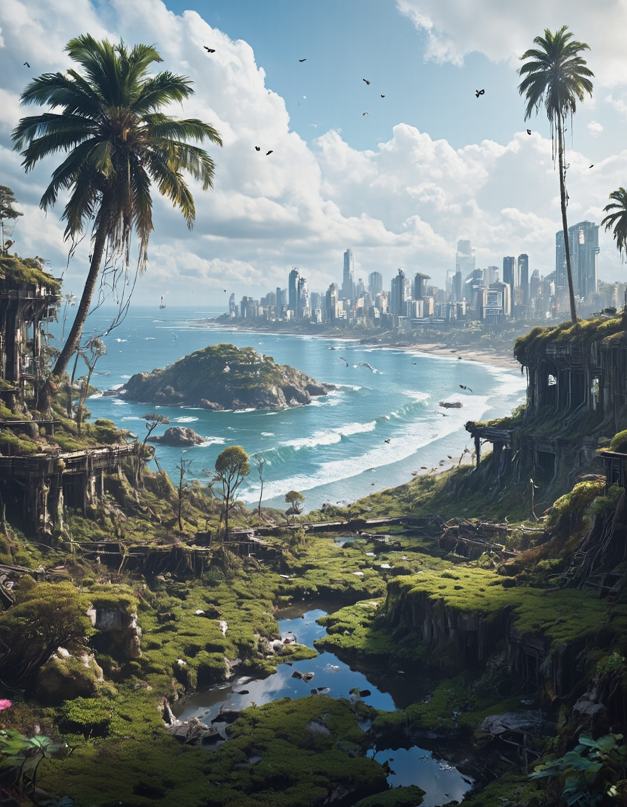 <lora:SWL_Stations1flux:1> lostst1, photo, field of view, cyberpunk, sea, waves, palm tree, island, abandoned cityscape,