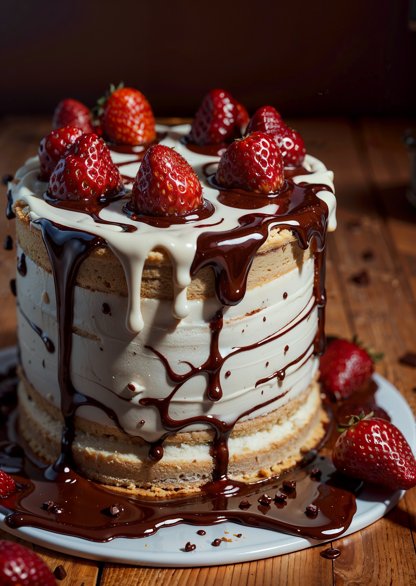 white cake, red strawberry, ((dripping chocolate)),  candy, (masterpiece),((ultra-detailed)), (highly detailed CG illustration),(expressionless), (best quality:1.2), High quality texture, intricate details, detailed texture, High quality shadow, Cinematic Light, Depth of field, light source contrast, perspective,20s, (ulzzang-6500-v1.1:0.5), <lora:epi_noiseoffset2:1>, <lora:add_detail:0.8>,