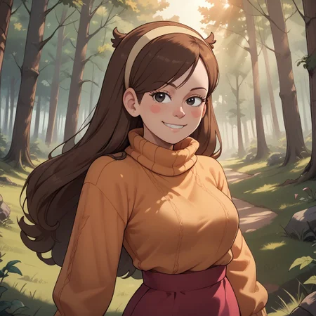 score_9, score_8, BREAK, mabel pines,1girl,solo,hairband,black eyes,long hair,brown hair,blush stickers,sweater,turtleneck,long sleeves,skirt,smile,adult female,mature female,breasts, sexy pose, self portrait, smile, outdoors, sunlight, shadows, evening lighting, natural lighting, forest, trees, grass, orange sky, sunset