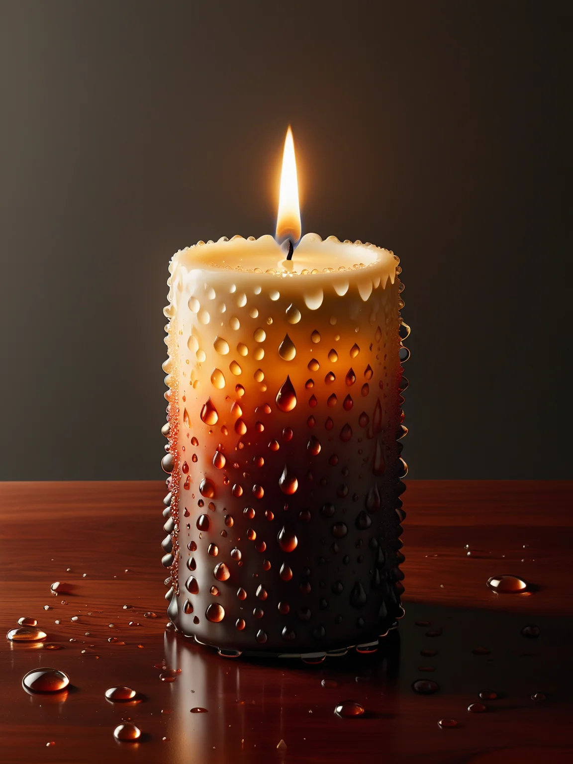 A lit ais-waterdrops candle standing on a mahogany desk, the paradox of fire and ais-waterdrops is emphasized by the ais-waterdrops that gather on the wax and around the flame, creating a dynamic interplay of elements <lora:Waterdrops_Style_SDXL:1>