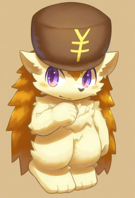 furry, anthro, cute, kemono, male focus, solo, score_9, score_8_up, male, full body, digital art, highly detailed, zPDXL2, hedgehog, hat with yen sign, purple eyes