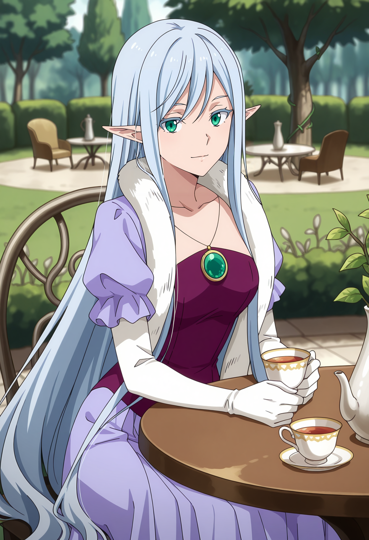 anime screencap, masterpiece, best quality,
<lora:TenSura_ElmesiaElRuSarion_IlluXL:0.9>,
1girl, solo, light smile,
very long hair, multicolored hair, grey hair, blue hair, green eyes, colored eyelashes, pointy ears,
boa, fur trim, mutlicolored dress, purple dress, collarbone, pendant, puffy short sleeves, long sleeves over short, white gloves, long skirt,
holding, cup, teacup,
sitting, looking at viewer, cowboy shot,
blurry background, outdoors, nature, vines, garden, tree, plant, chair, table