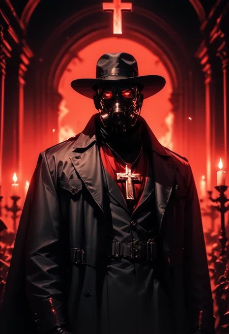 (score_9, score_8_up), score_7_up,  1boy, hat, jewelry, standing, gas mask, male focus, coat, mask, glowing, glowing eyes, candle, night, crimson sky, red theme, black coat, dark, black sky, fedora, high contrast, dark lighting, mask, cinematic, cross necklace,
blurry, depth of field, CINE,
<lora:CINE-000012:0.8>  <lora:wildywest-000009:0.5>