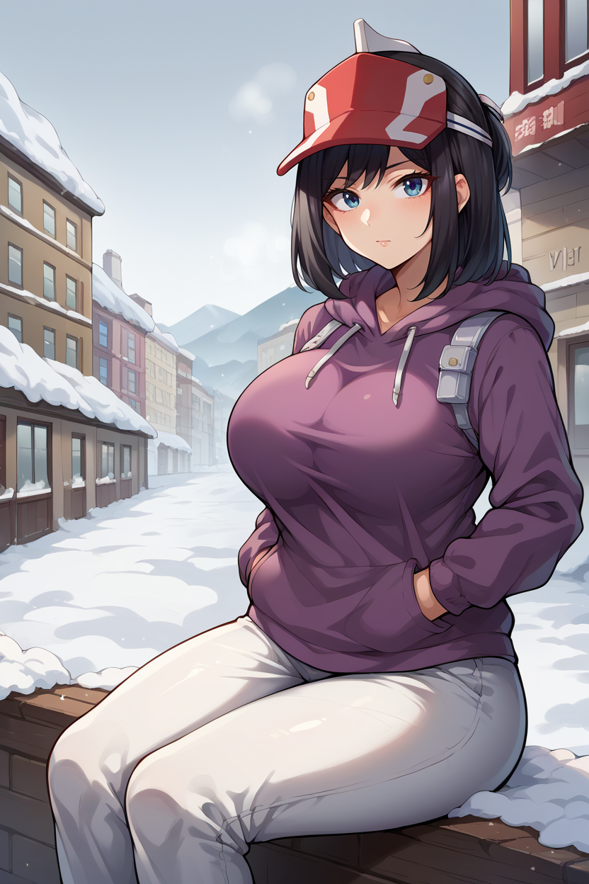 score_9, score_8_up, score_7_up, score_6_up, source_anime BREAK 1girl, solo  <lora:kodaiyui-pdxl-nvwls-v1-000005:1> kodaiyui, black hair, red visor cap, purple hoodie, white pants, sitting, big breasts, hands in pockets, looking at you, winter, snow, city, grey sky