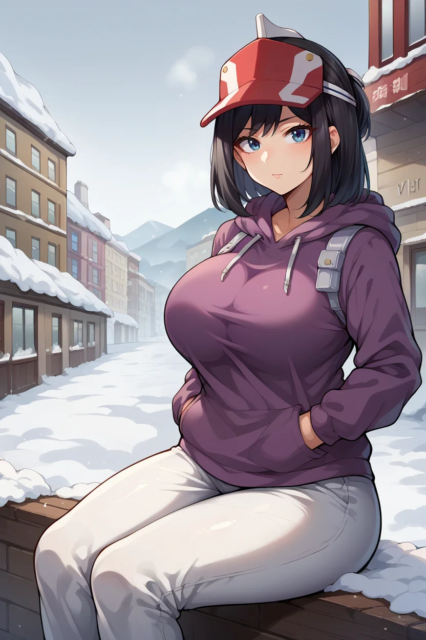 score_9, score_8_up, score_7_up, score_6_up, source_anime BREAK 1girl, solo <lora:kodaiyui-pdxl-nvwls-v1-000005:1> kodaiyui, black hair, red visor cap, purple hoodie, white pants, sitting, big breasts, hands in pockets, looking at you, winter, snow, city, grey sky