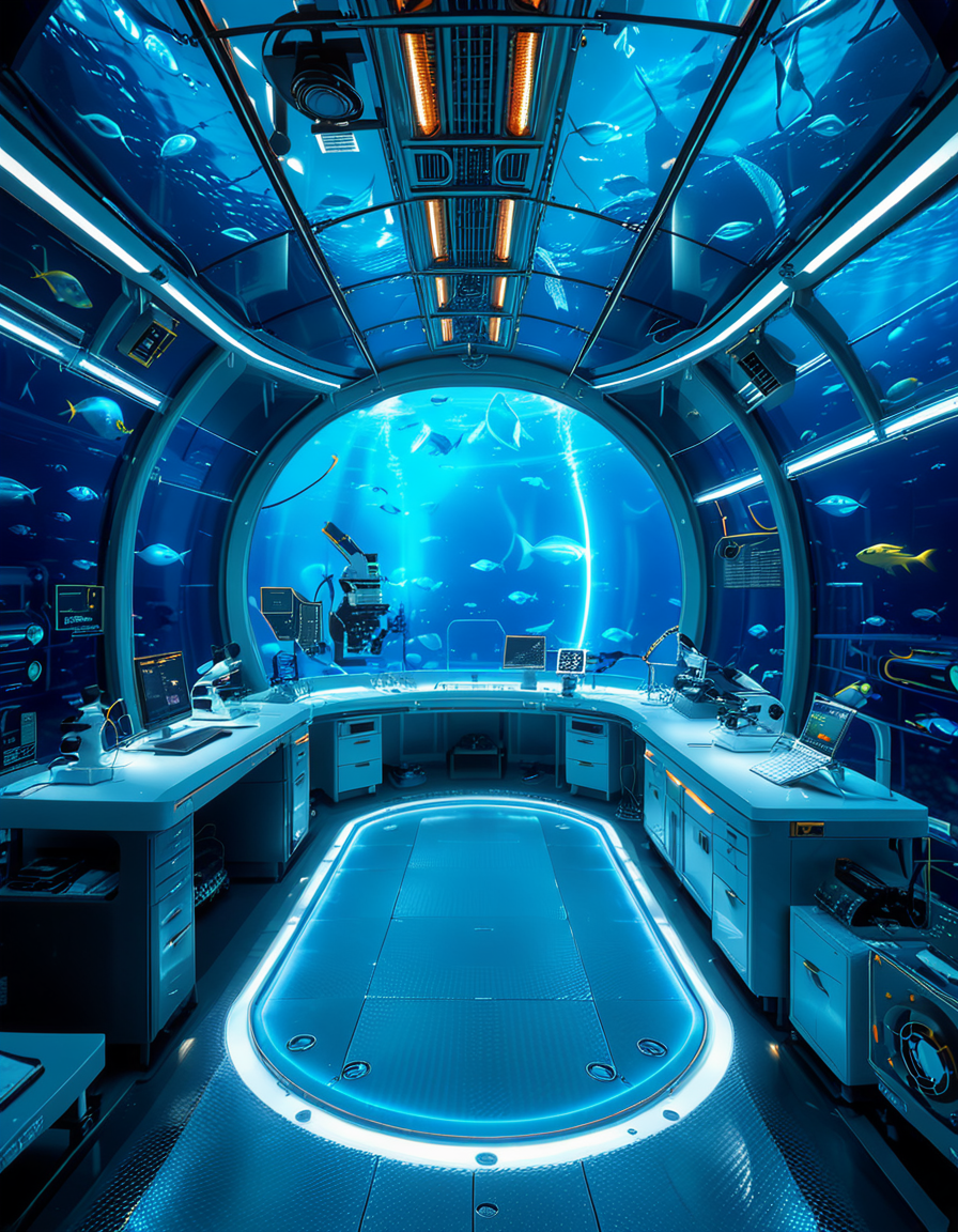 A futuristic underwater research laboratory,underwater research l4b0r4t0ry, located deep beneath the ocean's surface, surrounded by vibrant marine life and illuminated by soft, bioluminescent lighting. The laboratory features large, reinforced glass domes offering a panoramic view of the surrounding blue abyss, with schools of colorful fish and rays of sunlight filtering through the water above. Inside, advanced scientific equipment, glowing computer screens, and researchers in modern wetsuits or lab coats are visible, conducting experiments. The structure is sleek and metallic, with curved, aerodynamic designs to withstand water pressure. Coral reefs and marine plants grow nearby, adding natural beauty. The lighting is a mix of cool, bluish tones, with faint yellow lights from the laboratory windows creating a contrast. The atmosphere is calm yet futuristic, with a focus on scientific exploration and harmony with the marine environment.
<lora:SDXLFaeTastic2400:0.4> <lora:extremely_detailed:0.4> extremely detailed, <lora:underwater_research_l4b0r4t0ry:1>