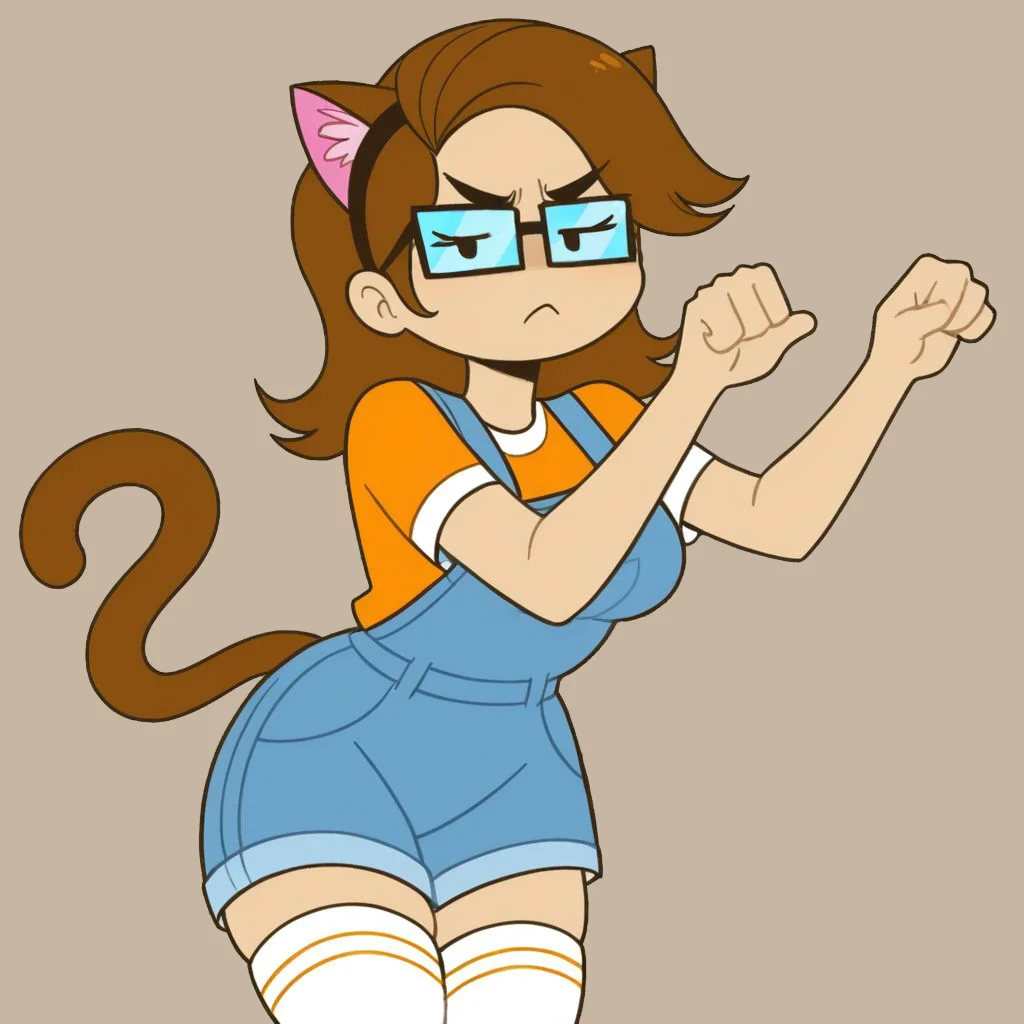 <lora:Sabiev1.0:1> (zPDXL2), score_9, score_8_up, score_7_up, source_cartoon, sabie (saberspark), 1girl, solo, human, tan skin, medium hair, brown hair, fake cat ears, angry eyebrows, glasses, dot eyes, eyelashes, lidded eyes, frown, looking at viewer, closed mouth, orange shirt, short sleeves, blue overalls, medium breasts, cat tail, white thigh socks BREAK cowboy shot, sad cat dance pose BREAK flat colors