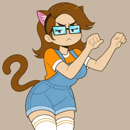 <lora:Sabiev1.0:1> (zPDXL2), score_9, score_8_up, score_7_up, source_cartoon, sabie (saberspark), 1girl, solo, human, tan skin, medium hair, brown hair, fake cat ears, angry eyebrows, glasses, dot eyes, eyelashes, lidded eyes, frown, looking at viewer, closed mouth, orange shirt, short sleeves, blue overalls, medium breasts, cat tail, white thigh socks BREAK cowboy shot, sad cat dance pose BREAK flat colors