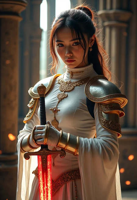 best quality, masterpiece, HDR photorealistic image, extremely detailed, great lighting, BREAK, Female oriental knight in full armor, hkstyle, white with gold embellishments, bangs, earrings, holding a legendary sword by the hilt, the sword glowing red, in a gothic cathedral, shafts of light from the windows, High Definition HD, High Detail, Perfect Composition, dark fantasy movie, cowboy shot