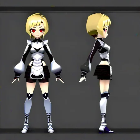 1girl, blonde short hair, red eyes, white armor shirt, black short shirt, white short skirt, white long boots, villainess, slim body, small breasts, ps1 style, 3d, model sheet, multiple views of the same character,model sheet,chatacter sheet, simple background