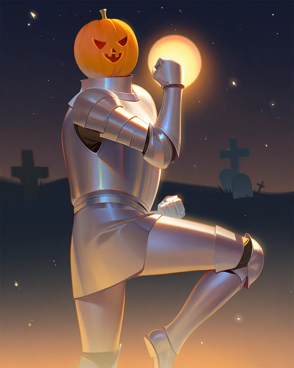 masterpiece, best quality, extreme aesthetic, newest, 1other, solo, hand up, clenched hand, arm at side, knee up, standing on one leg, knight, full armor, pumpkin mask, facing viewer, dancing, dynamic poseoutdoors, night, dark sky, graveyard, pumpkin, artist:rei \(sanbonzakura\), artist:ask \(askzy\), artist:sho \(sho lwlw\), artist:wanke, artist:ano \(gccx8784\)